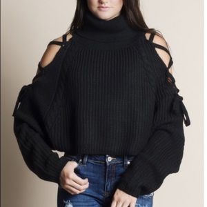 Prim and Proper Lace Up Sleeve Turtleneck Sweater